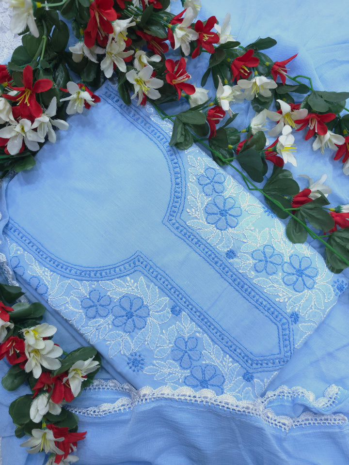 TANJEEB Cotton Chikankari Dress Material Set with Hand Embroidered Kurta, Bottom & Chiffon Dupatta with Handmade Crochet Border