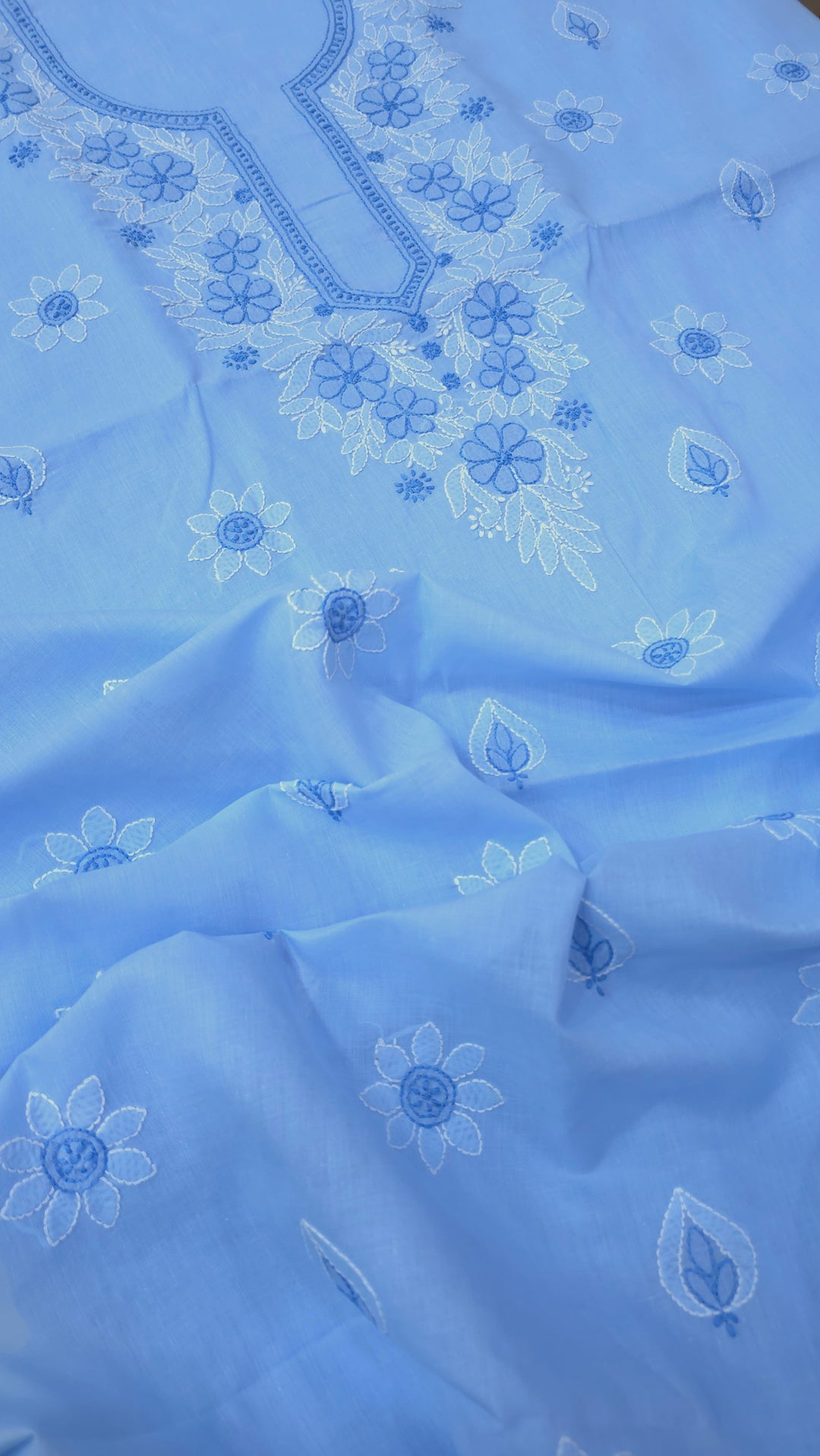 TANJEEB Cotton Chikankari Dress Material Set with Hand Embroidered Kurta, Bottom & Chiffon Dupatta with Handmade Crochet Border