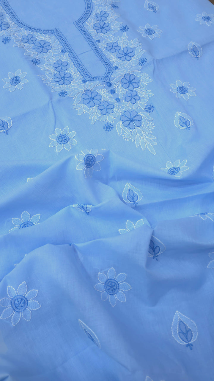 TANJEEB Cotton Chikankari Dress Material Set with Hand Embroidered Kurta, Bottom & Chiffon Dupatta with Handmade Crochet Border