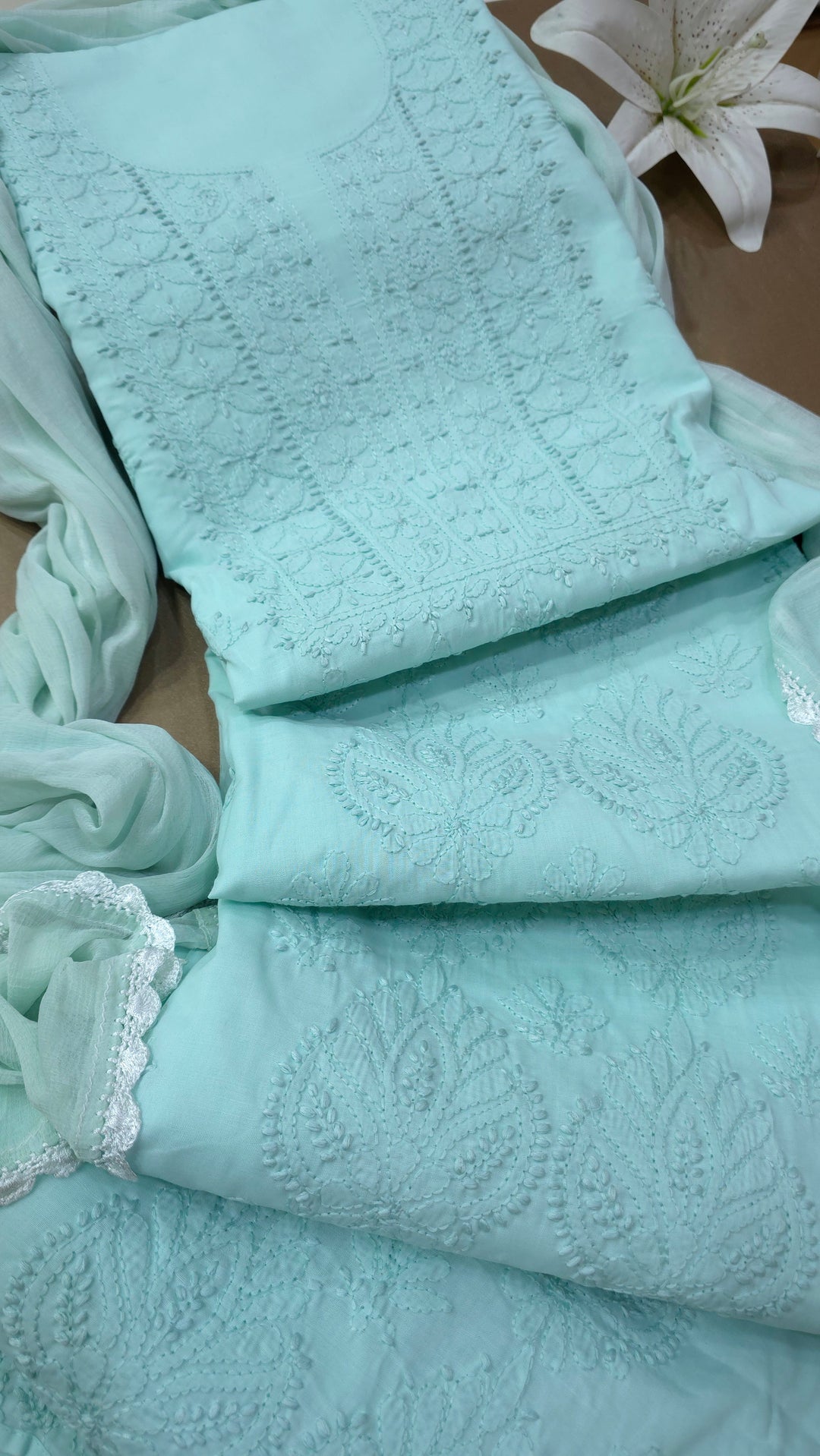 Paridhan Chikan Premium Handcrafted Chikankari Cotton Suit Set | Unstitched Dress Material with Chiffon Dupatta | Made in Lucknow