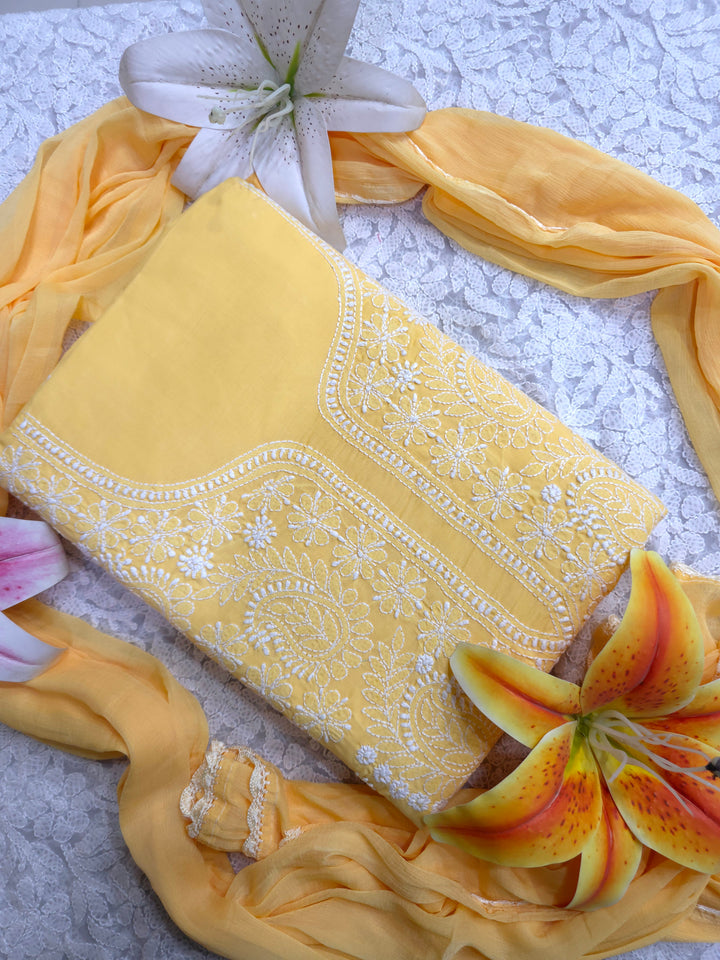 Paridhan Chikan Premium Handcrafted Chikankari Cotton Suit Set | Unstitched Dress Material with Chiffon Dupatta | Made in Lucknow