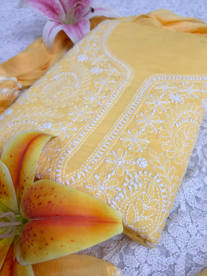 Paridhan Chikan Premium Handcrafted Chikankari Cotton Suit Set | Unstitched Dress Material with Chiffon Dupatta | Made in Lucknow