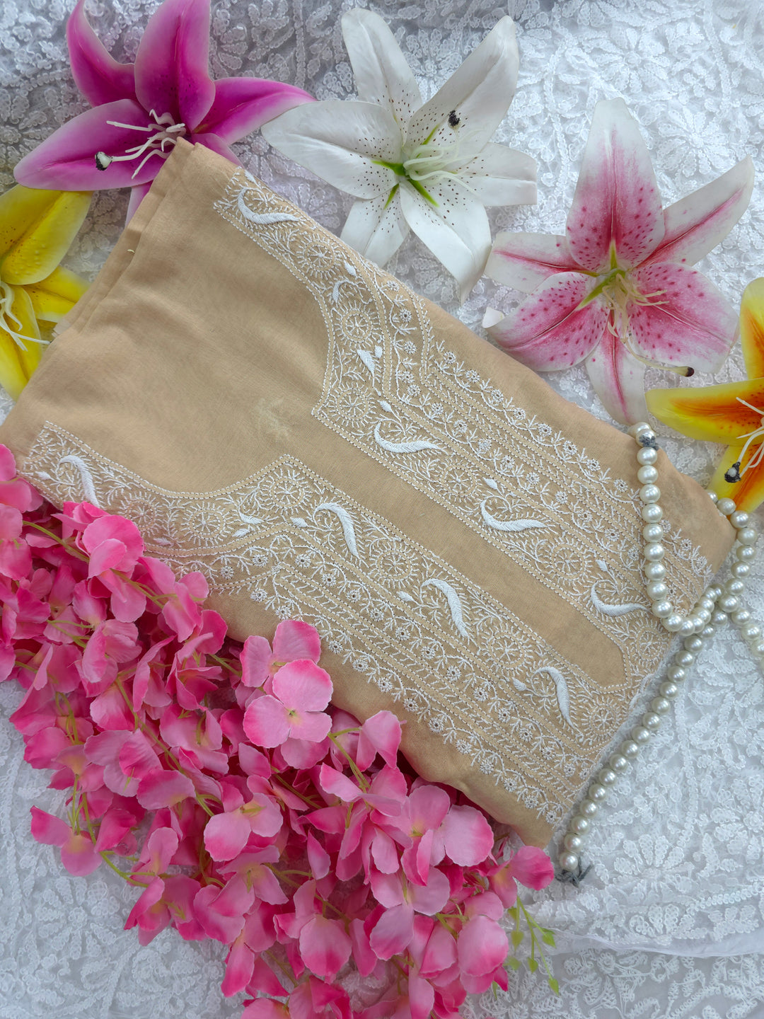 Lucknowi 2 Taar Chikankari Chanderi Kurta Dupatta Set – Handmade Festive Wear