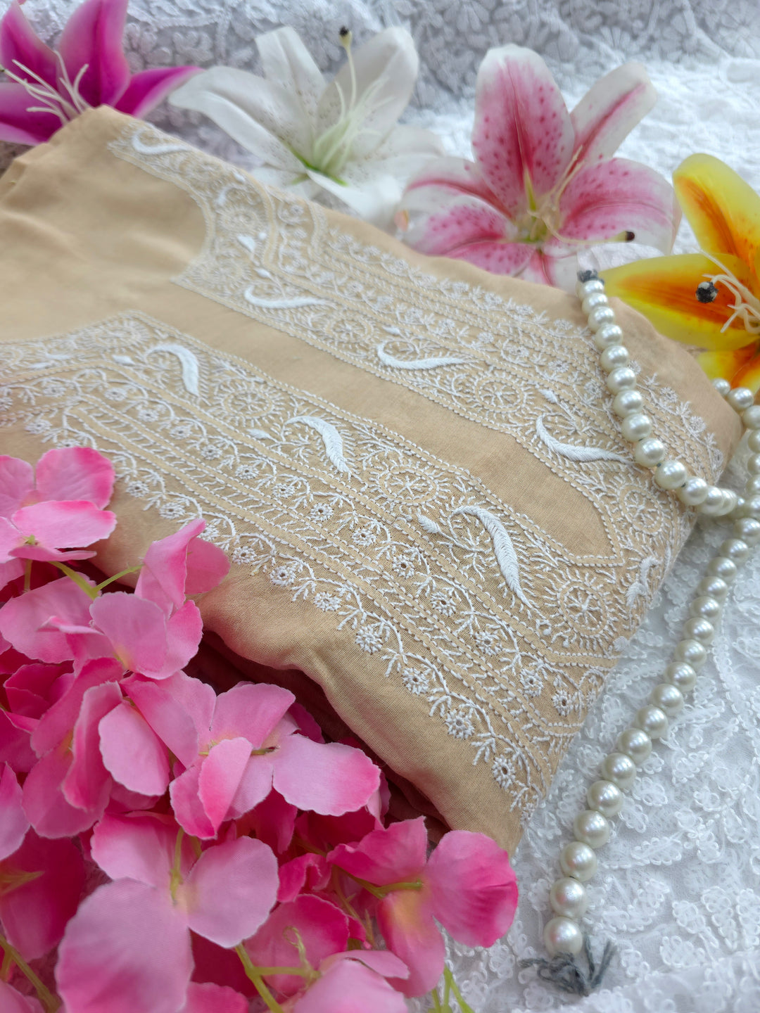 Lucknowi 2 Taar Chikankari Chanderi Kurta Dupatta Set – Handmade Festive Wear