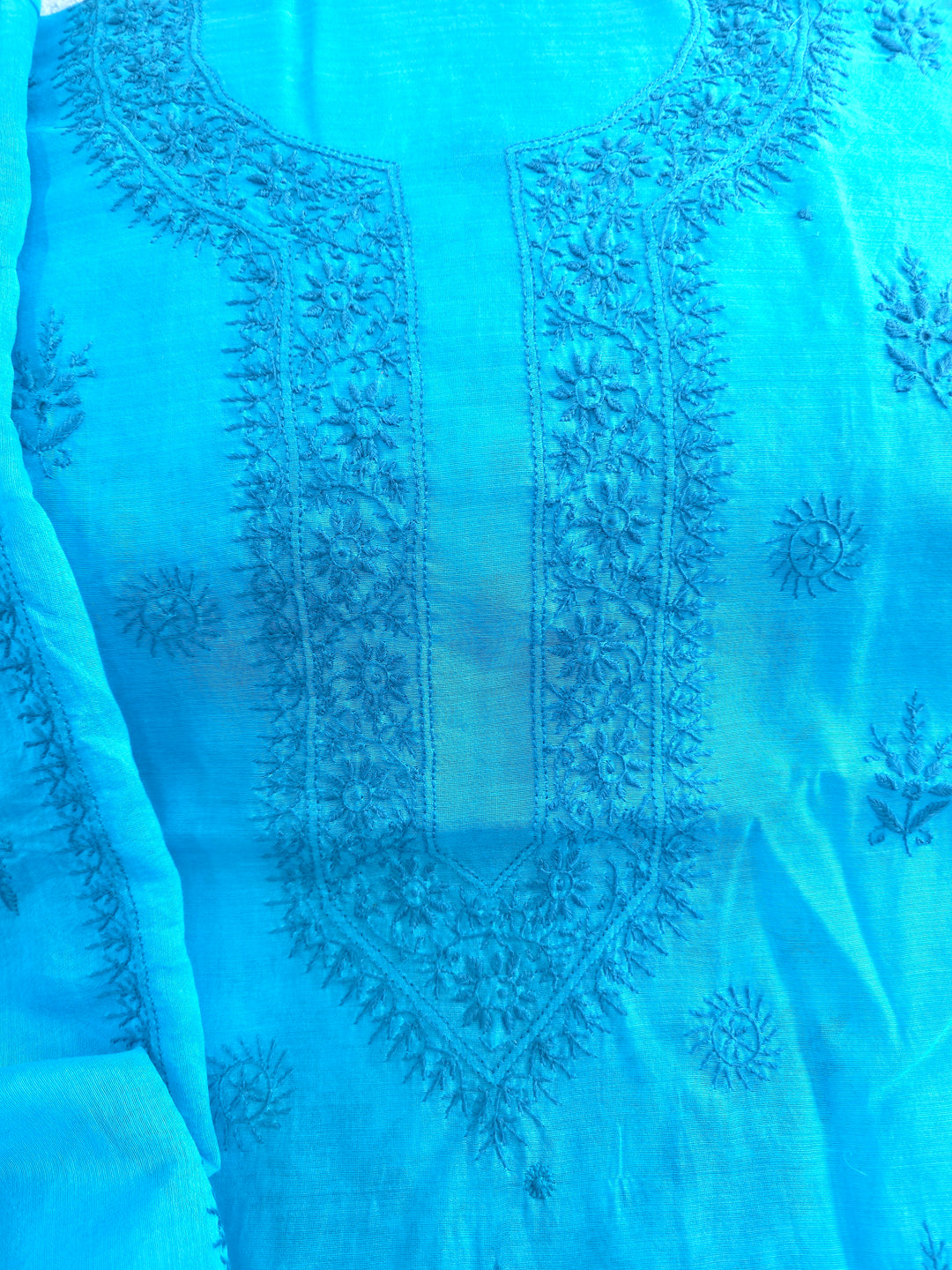 Blue Color Chanderi Hand Embroidered 2-Taar Chikankari Kurta & Dupatta Set | Paridhan Chikan