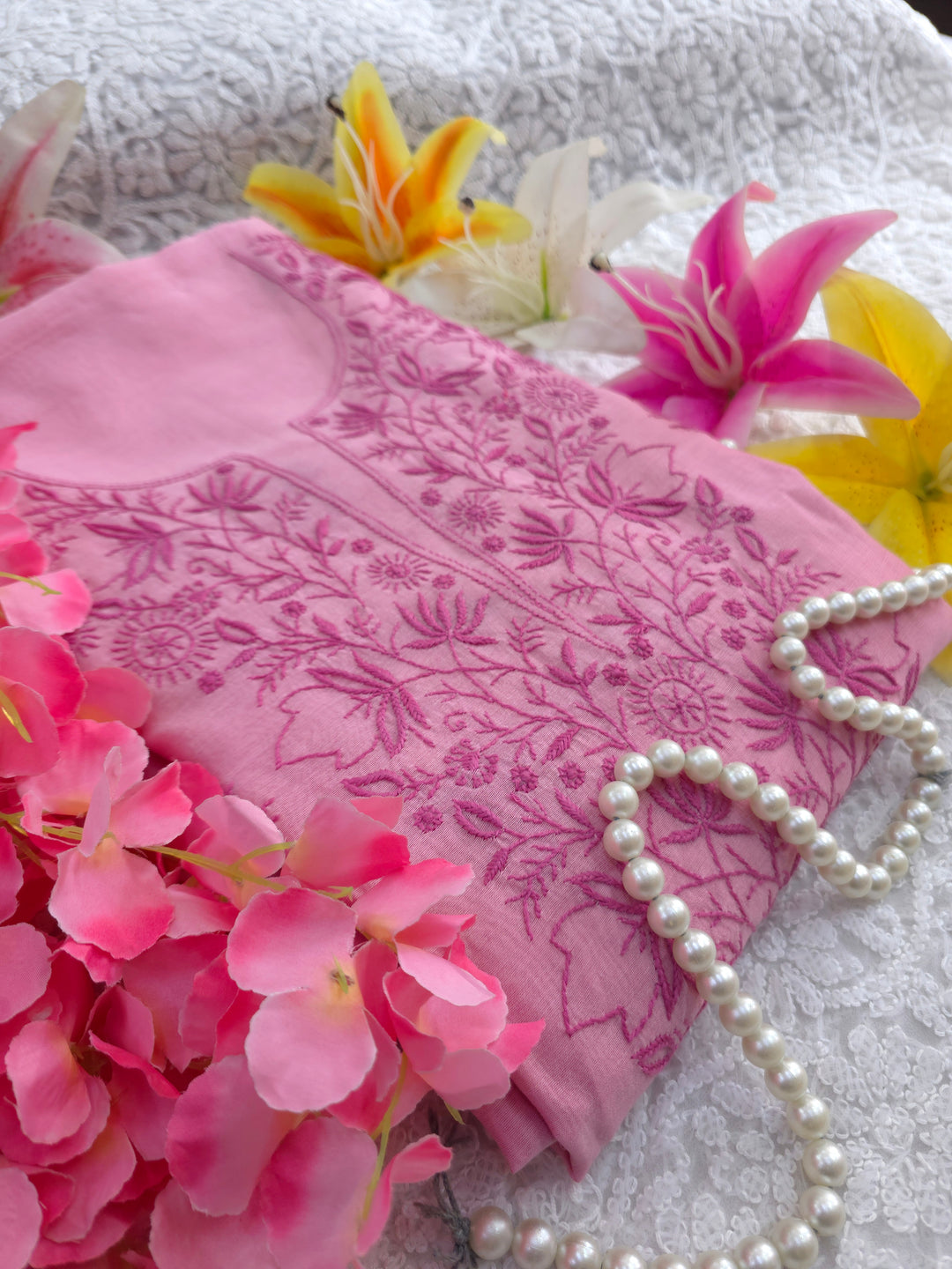 Light onion pink Color Chanderi Hand Embroidered 2-Taar Chikankari Kurta & Dupatta Set | Paridhan Chikan