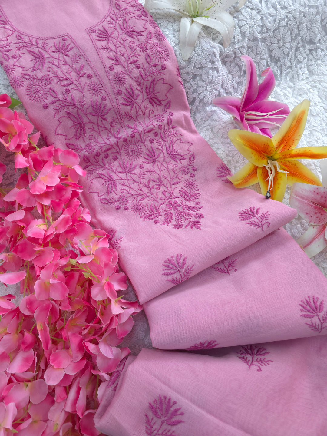 Light onion pink Color Chanderi Hand Embroidered 2-Taar Chikankari Kurta & Dupatta Set | Paridhan Chikan