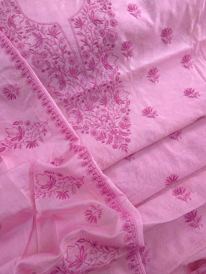 Light onion pink Color Chanderi Hand Embroidered 2-Taar Chikankari Kurta & Dupatta Set | Paridhan Chikan
