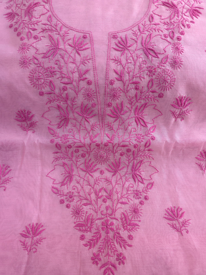 Light onion pink Color Chanderi Hand Embroidered 2-Taar Chikankari Kurta & Dupatta Set | Paridhan Chikan
