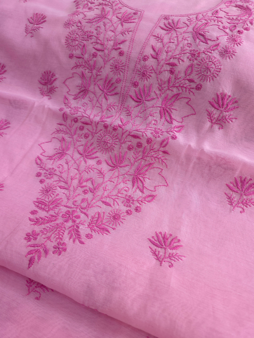 Light onion pink Color Chanderi Hand Embroidered 2-Taar Chikankari Kurta & Dupatta Set | Paridhan Chikan