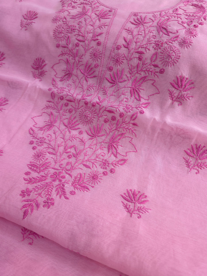 Light onion pink Color Chanderi Hand Embroidered 2-Taar Chikankari Kurta & Dupatta Set | Paridhan Chikan