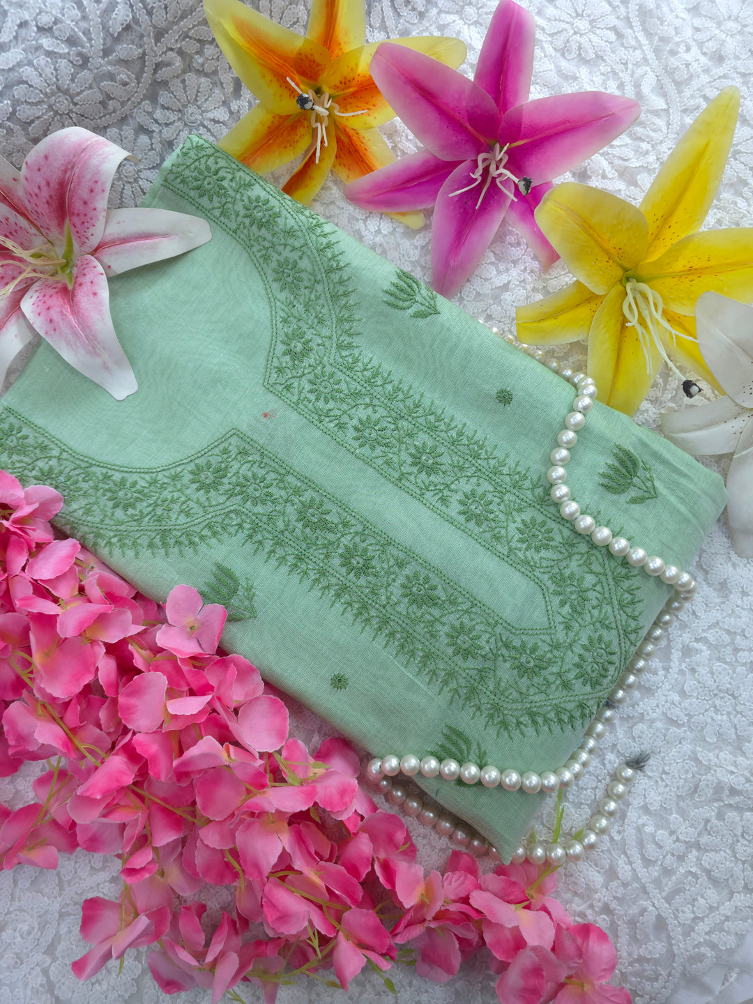 Light mint green Color Chanderi Hand Embroidered 2-Taar Chikankari Kurta & Dupatta Set | Paridhan Chikan