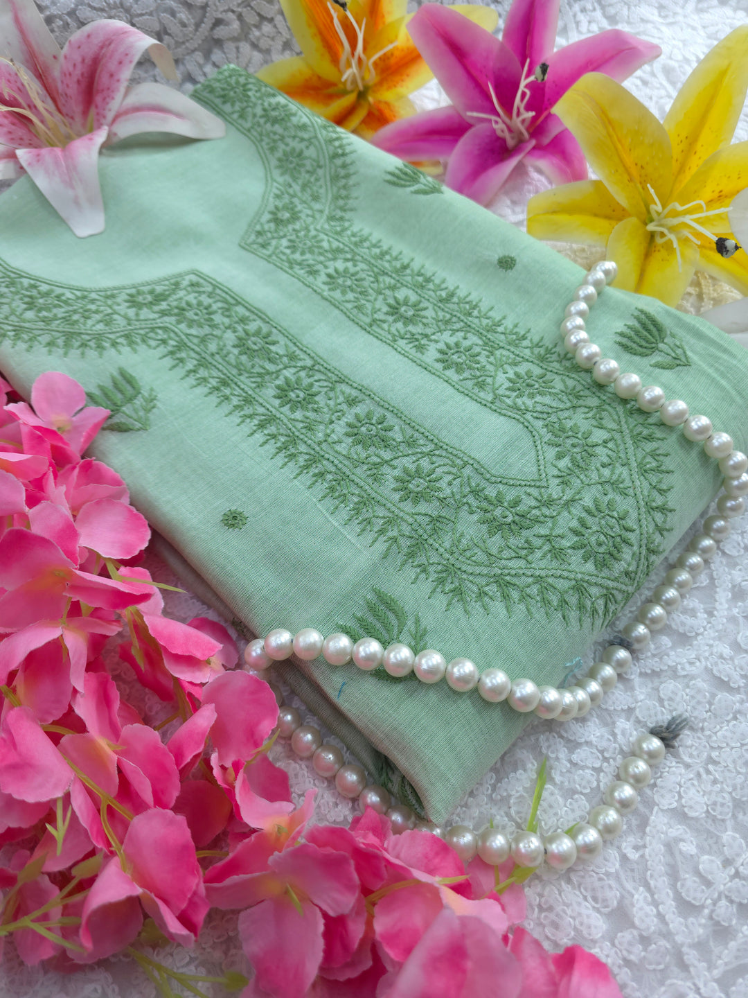 Light mint green Color Chanderi Hand Embroidered 2-Taar Chikankari Kurta & Dupatta Set | Paridhan Chikan