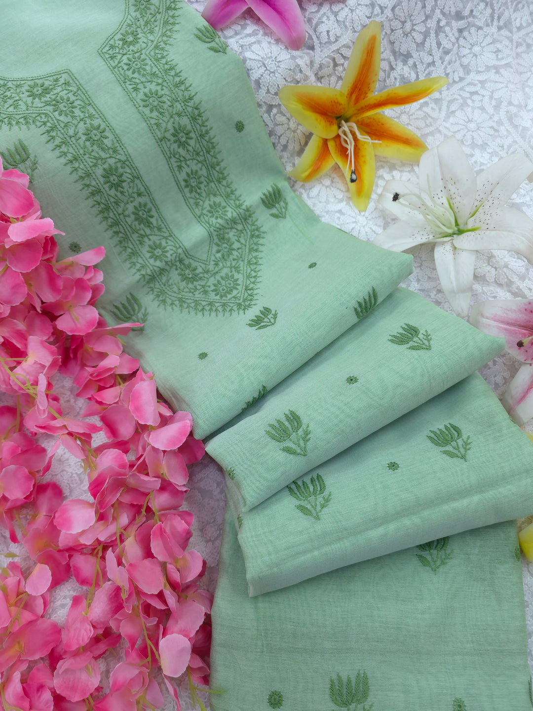 Light mint green Color Chanderi Hand Embroidered 2-Taar Chikankari Kurta & Dupatta Set | Paridhan Chikan