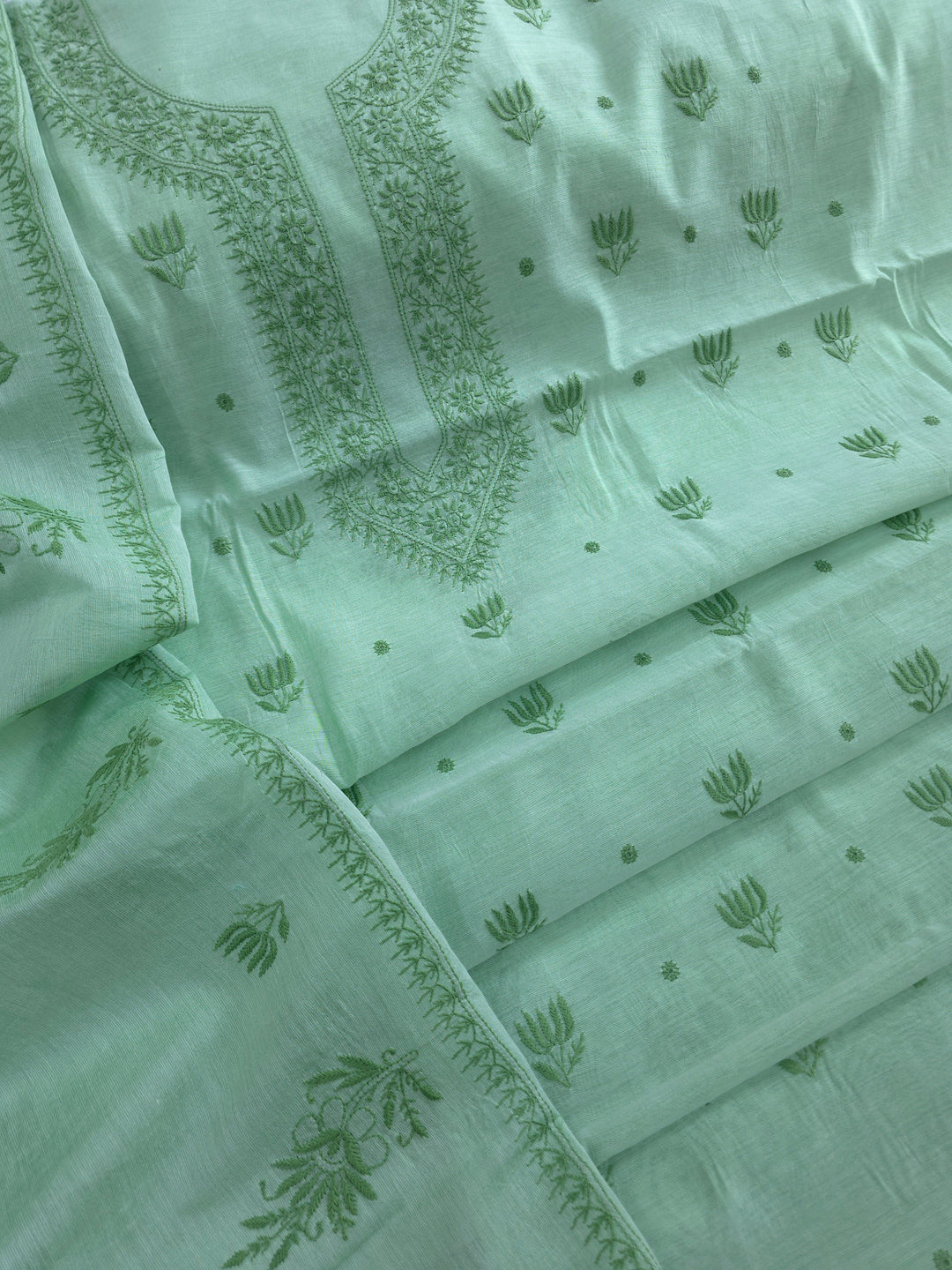 Light mint green Color Chanderi Hand Embroidered 2-Taar Chikankari Kurta & Dupatta Set | Paridhan Chikan