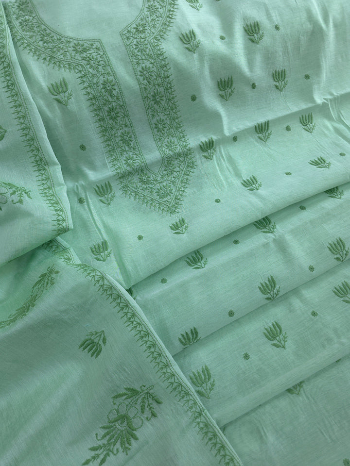 Light mint green Color Chanderi Hand Embroidered 2-Taar Chikankari Kurta & Dupatta Set | Paridhan Chikan