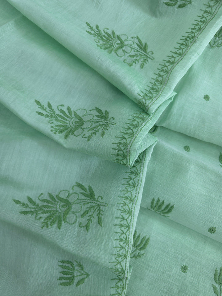 Light mint green Color Chanderi Hand Embroidered 2-Taar Chikankari Kurta & Dupatta Set | Paridhan Chikan