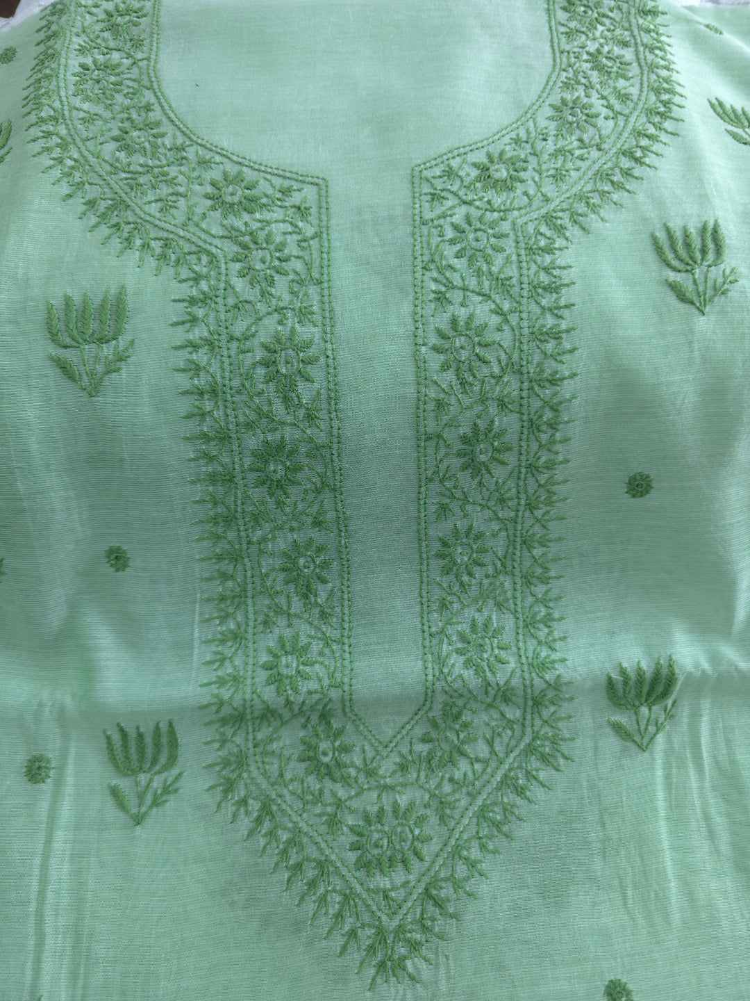 Light mint green Color Chanderi Hand Embroidered 2-Taar Chikankari Kurta & Dupatta Set | Paridhan Chikan