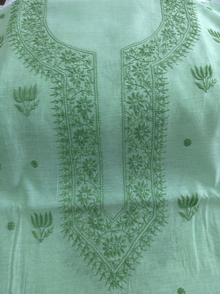 Light mint green Color Chanderi Hand Embroidered 2-Taar Chikankari Kurta & Dupatta Set | Paridhan Chikan