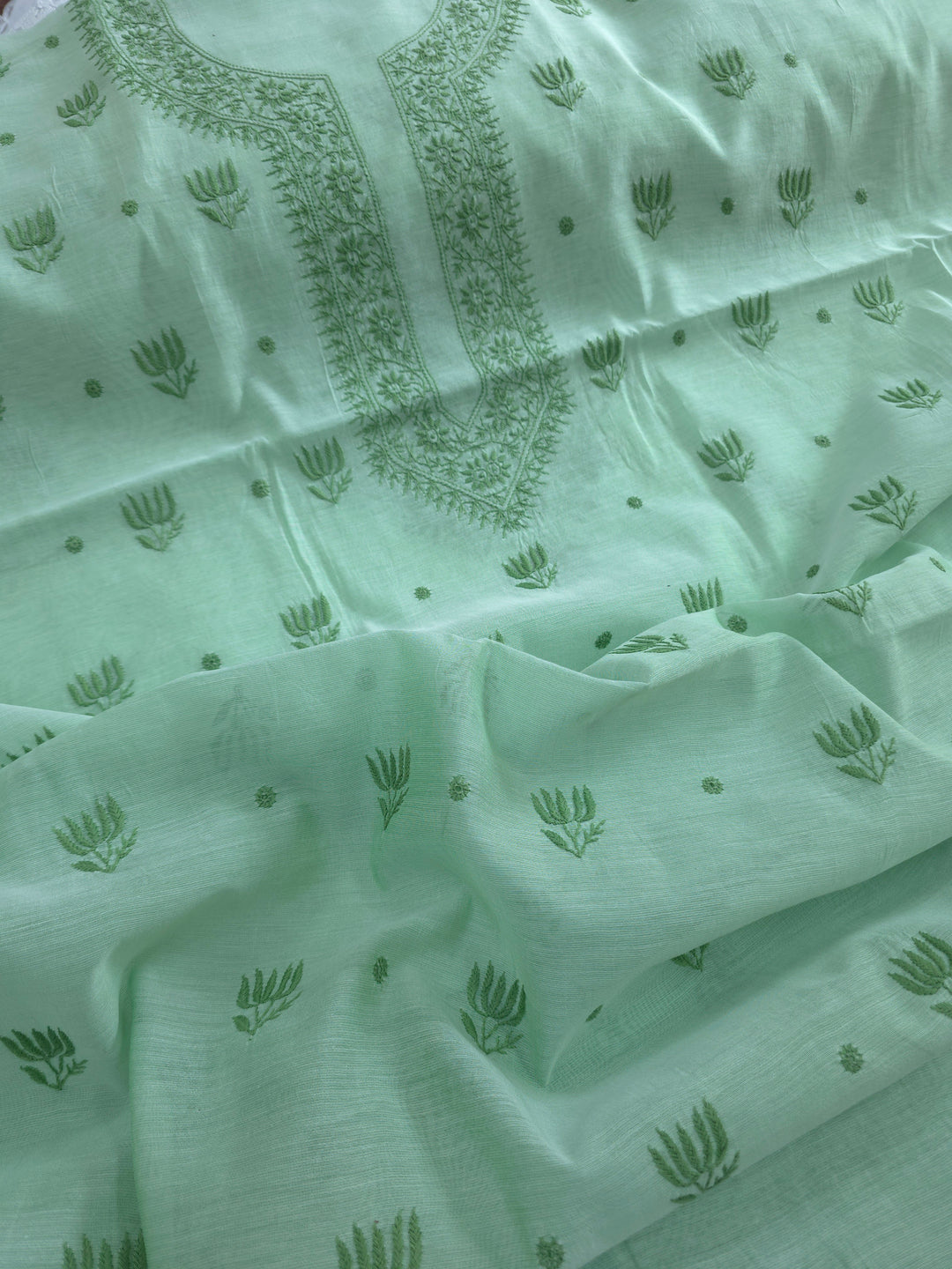 Light mint green Color Chanderi Hand Embroidered 2-Taar Chikankari Kurta & Dupatta Set | Paridhan Chikan