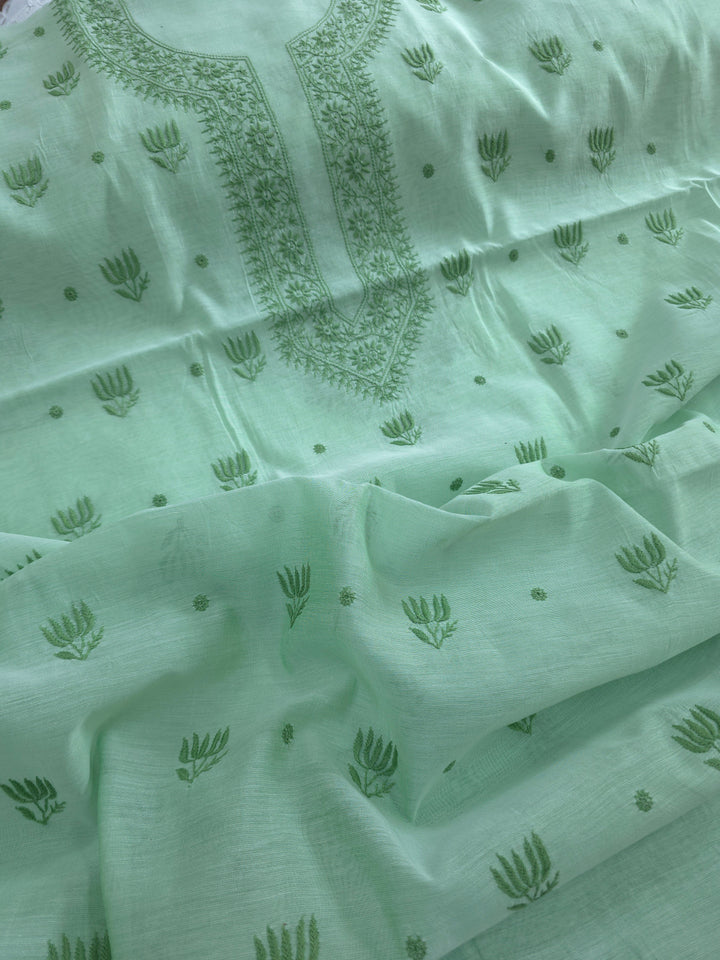 Light mint green Color Chanderi Hand Embroidered 2-Taar Chikankari Kurta & Dupatta Set | Paridhan Chikan