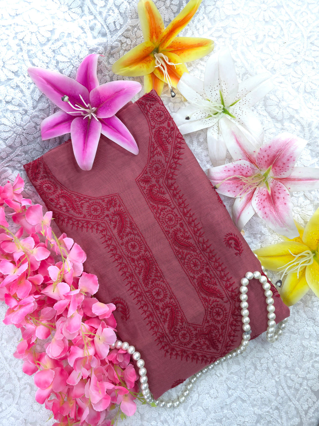 Maroon red Color Chanderi Hand Embroidered 2-Taar Chikankari Kurta & Dupatta Set | Paridhan Chikan