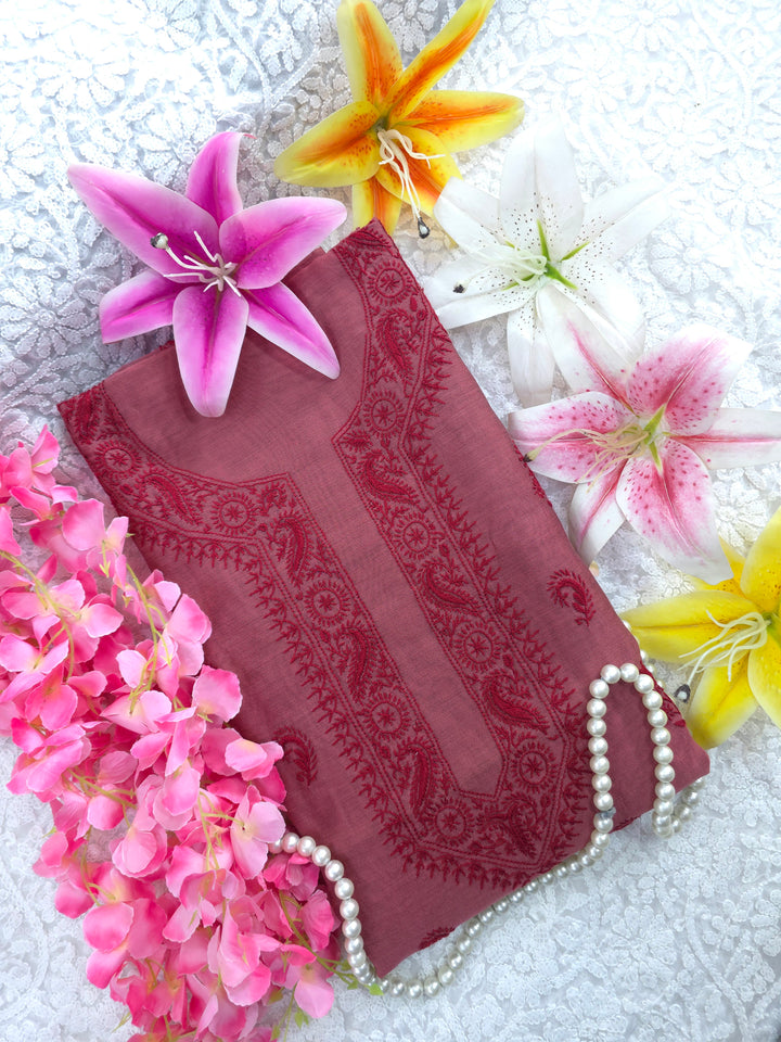 Maroon red Color Chanderi Hand Embroidered 2-Taar Chikankari Kurta & Dupatta Set | Paridhan Chikan