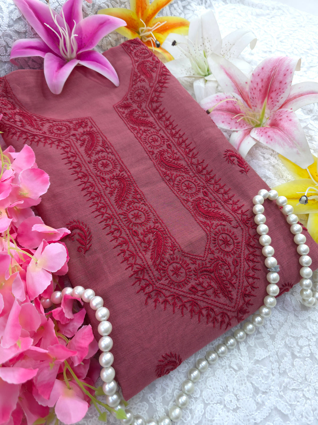 Maroon red Color Chanderi Hand Embroidered 2-Taar Chikankari Kurta & Dupatta Set | Paridhan Chikan