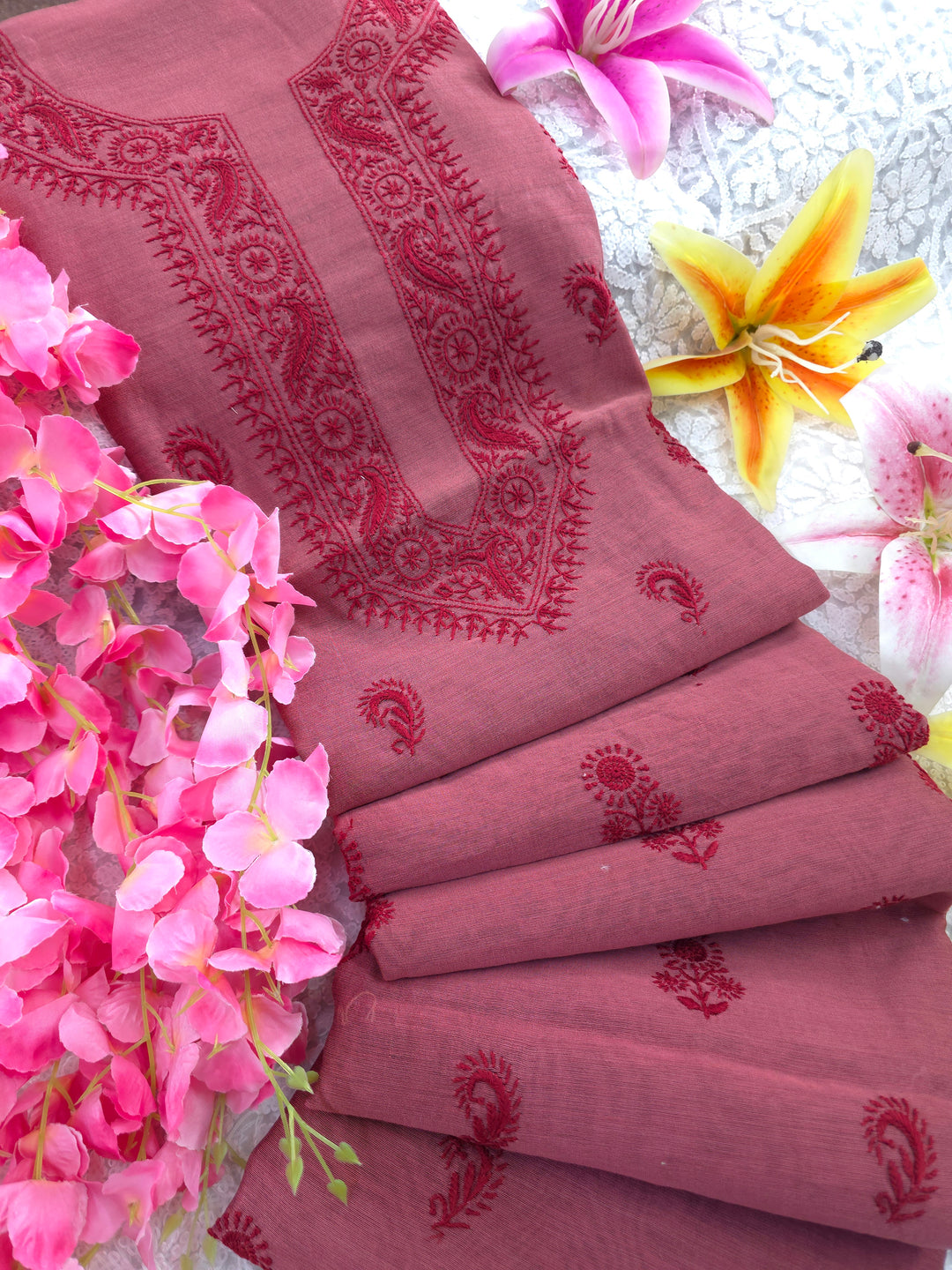 Maroon red Color Chanderi Hand Embroidered 2-Taar Chikankari Kurta & Dupatta Set | Paridhan Chikan