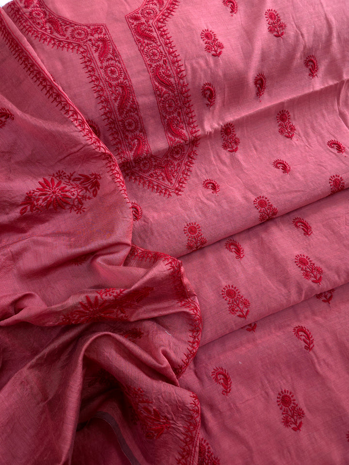 Maroon red Color Chanderi Hand Embroidered 2-Taar Chikankari Kurta & Dupatta Set | Paridhan Chikan