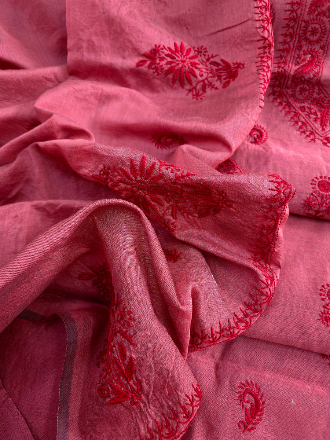 Maroon red Color Chanderi Hand Embroidered 2-Taar Chikankari Kurta & Dupatta Set | Paridhan Chikan