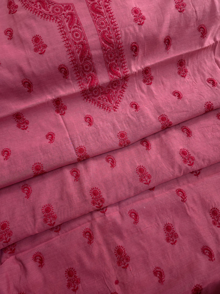 Maroon red Color Chanderi Hand Embroidered 2-Taar Chikankari Kurta & Dupatta Set | Paridhan Chikan