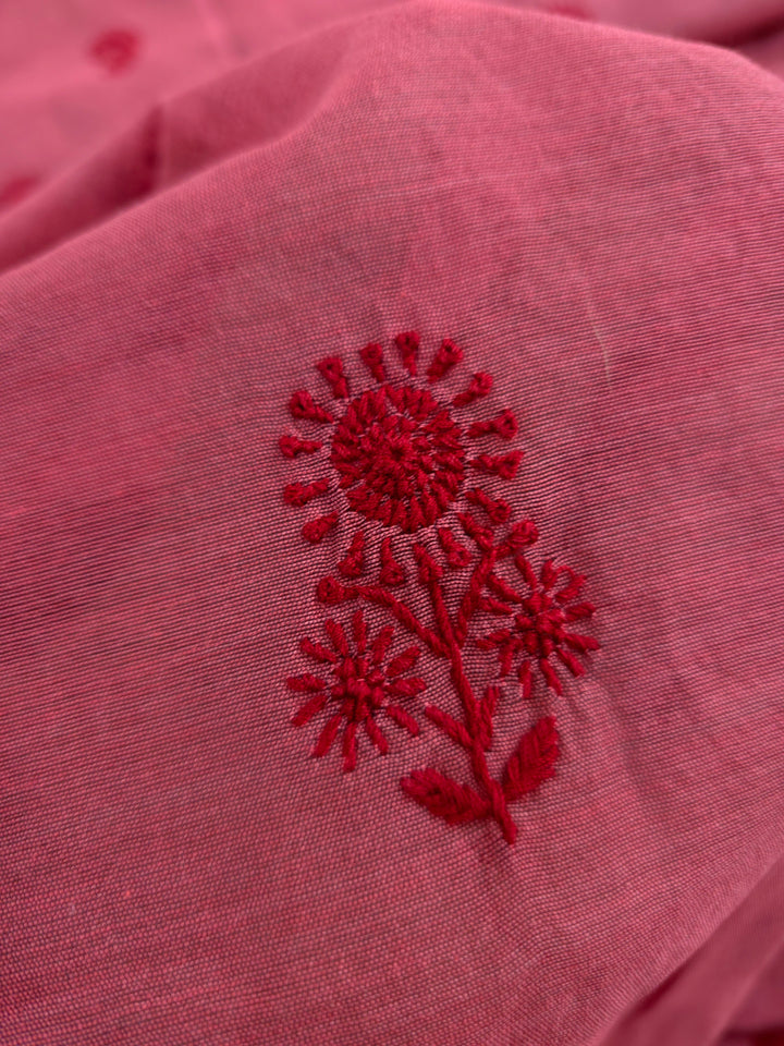 Maroon red Color Chanderi Hand Embroidered 2-Taar Chikankari Kurta & Dupatta Set | Paridhan Chikan