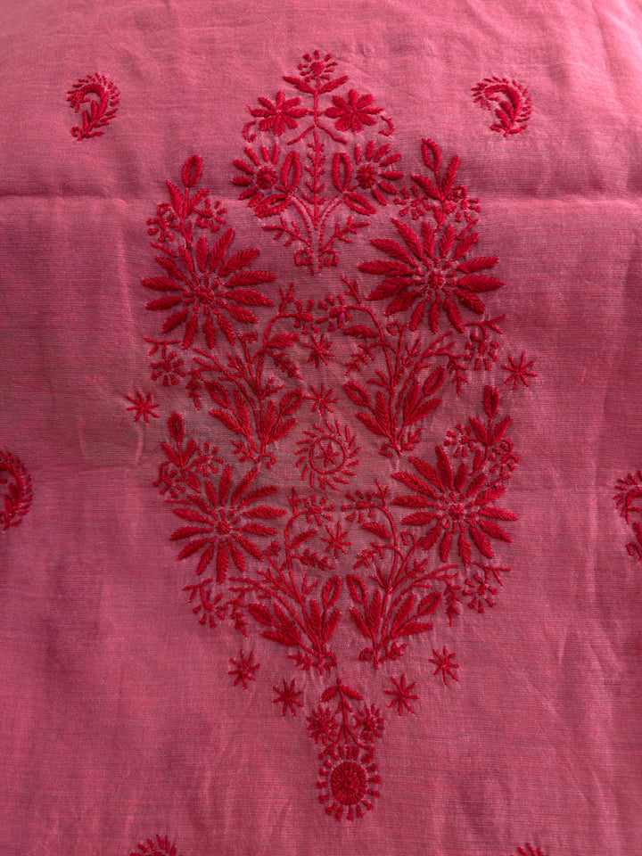 Maroon red Color Chanderi Hand Embroidered 2-Taar Chikankari Kurta & Dupatta Set | Paridhan Chikan
