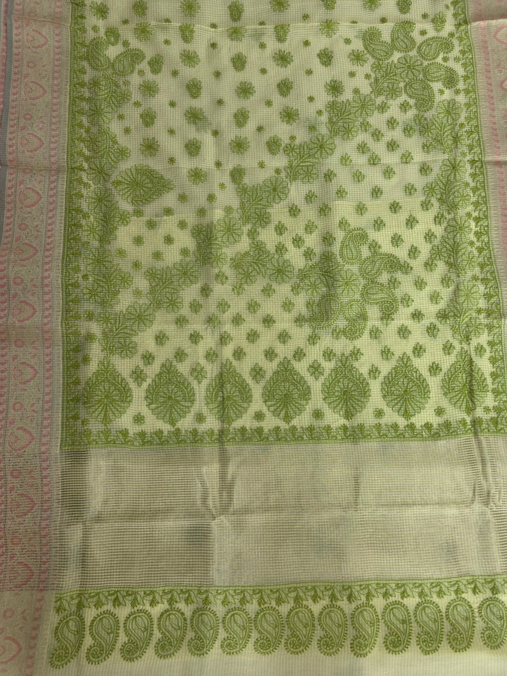 Hand Embroidered Chikankari Banarasi Silk Saree with Intricate Border & Palla Pattern – Includes  Blouse | Paridhan Chikan