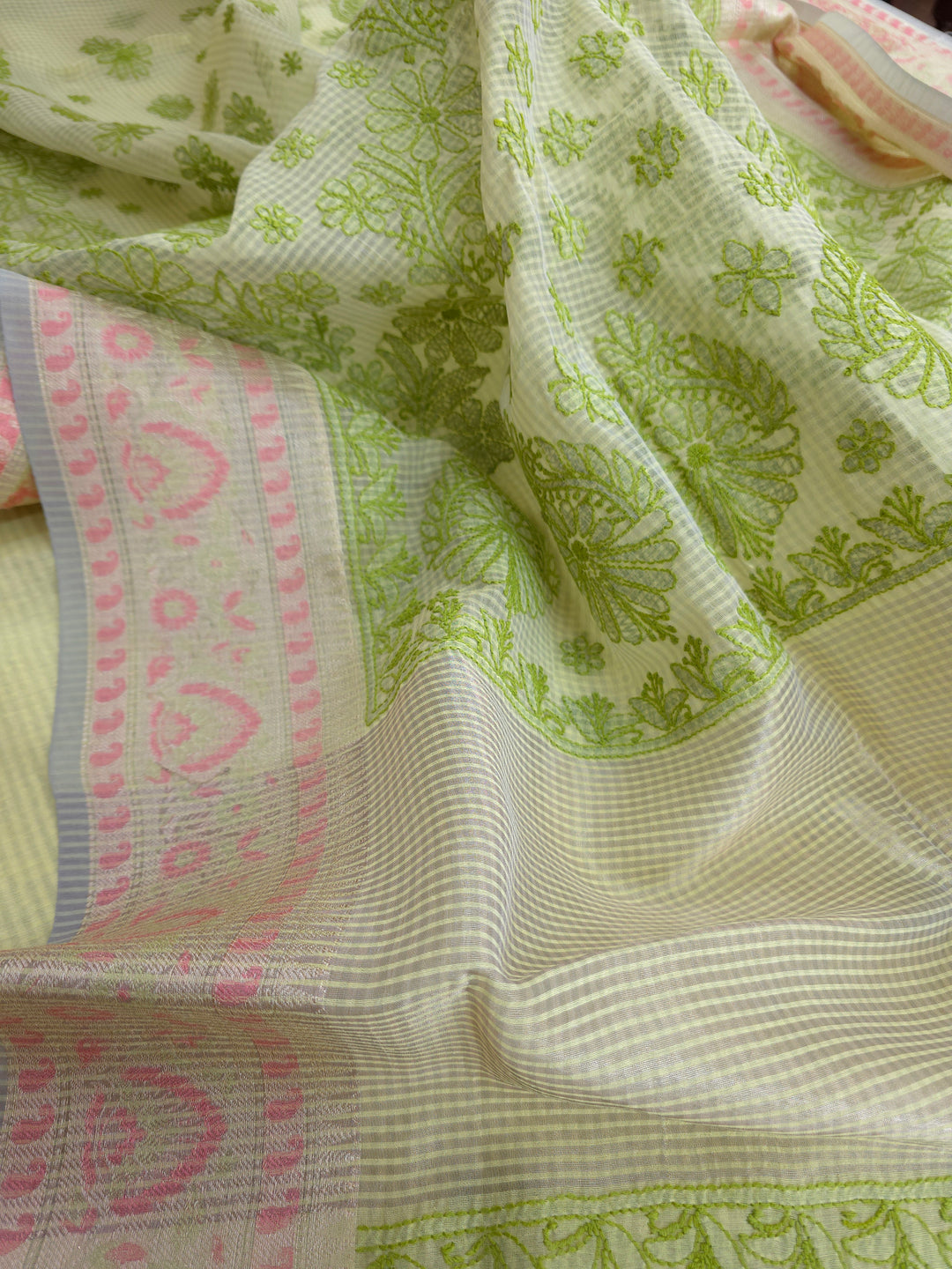 Hand Embroidered Chikankari Banarasi Silk Saree with Intricate Border & Palla Pattern – Includes  Blouse | Paridhan Chikan