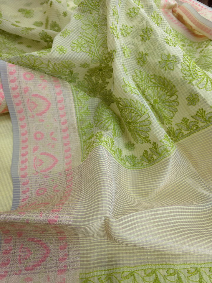 Hand Embroidered Chikankari Banarasi Silk Saree with Intricate Border & Palla Pattern – Includes  Blouse | Paridhan Chikan