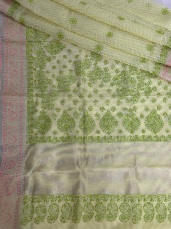 Hand Embroidered Chikankari Banarasi Silk Saree with Intricate Border & Palla Pattern – Includes  Blouse | Paridhan Chikan