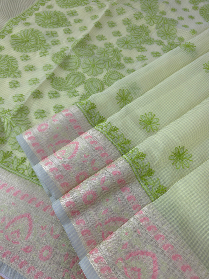 Hand Embroidered Chikankari Banarasi Silk Saree with Intricate Border & Palla Pattern – Includes  Blouse | Paridhan Chikan