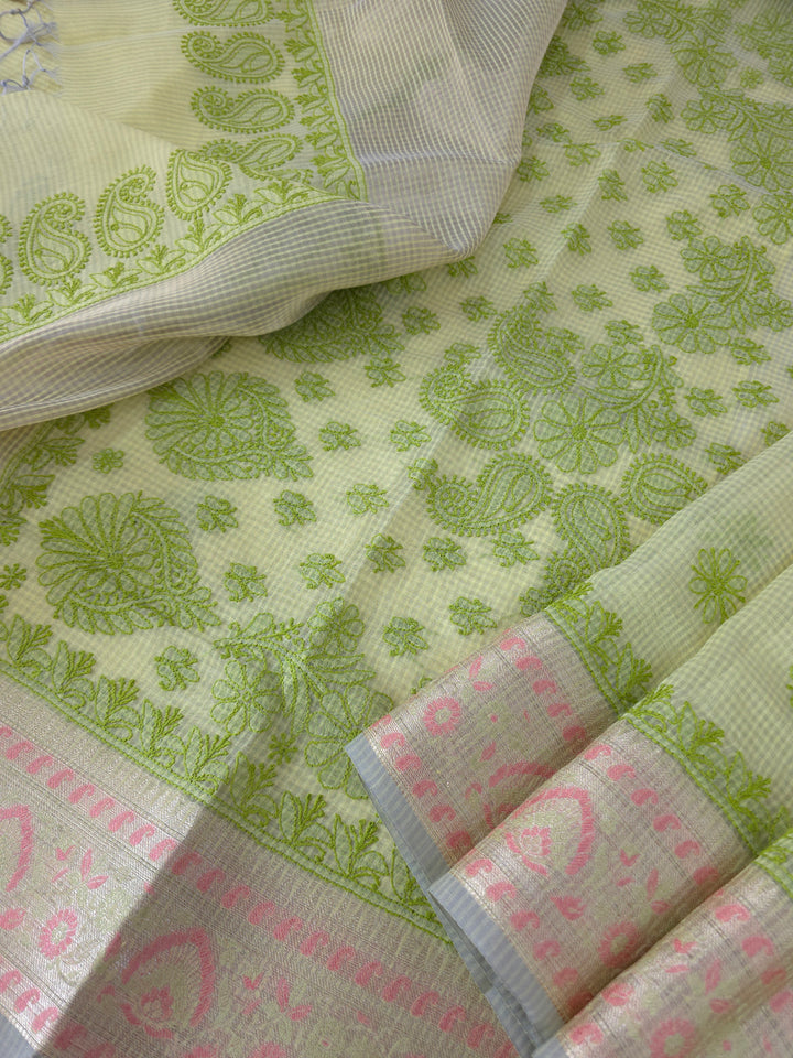 Hand Embroidered Chikankari Banarasi Silk Saree with Intricate Border & Palla Pattern – Includes  Blouse | Paridhan Chikan