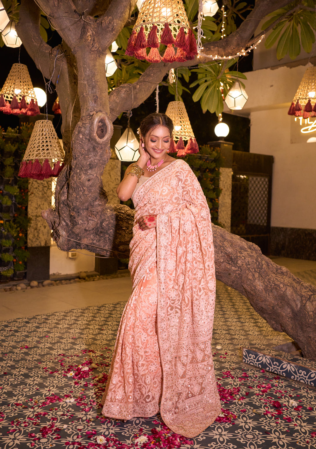 Georgette Chikankari Saree - Peach