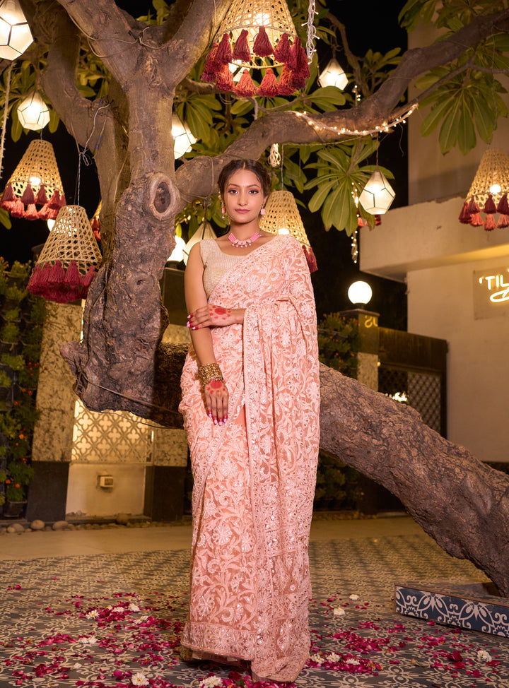 Georgette Chikankari Saree - Peach