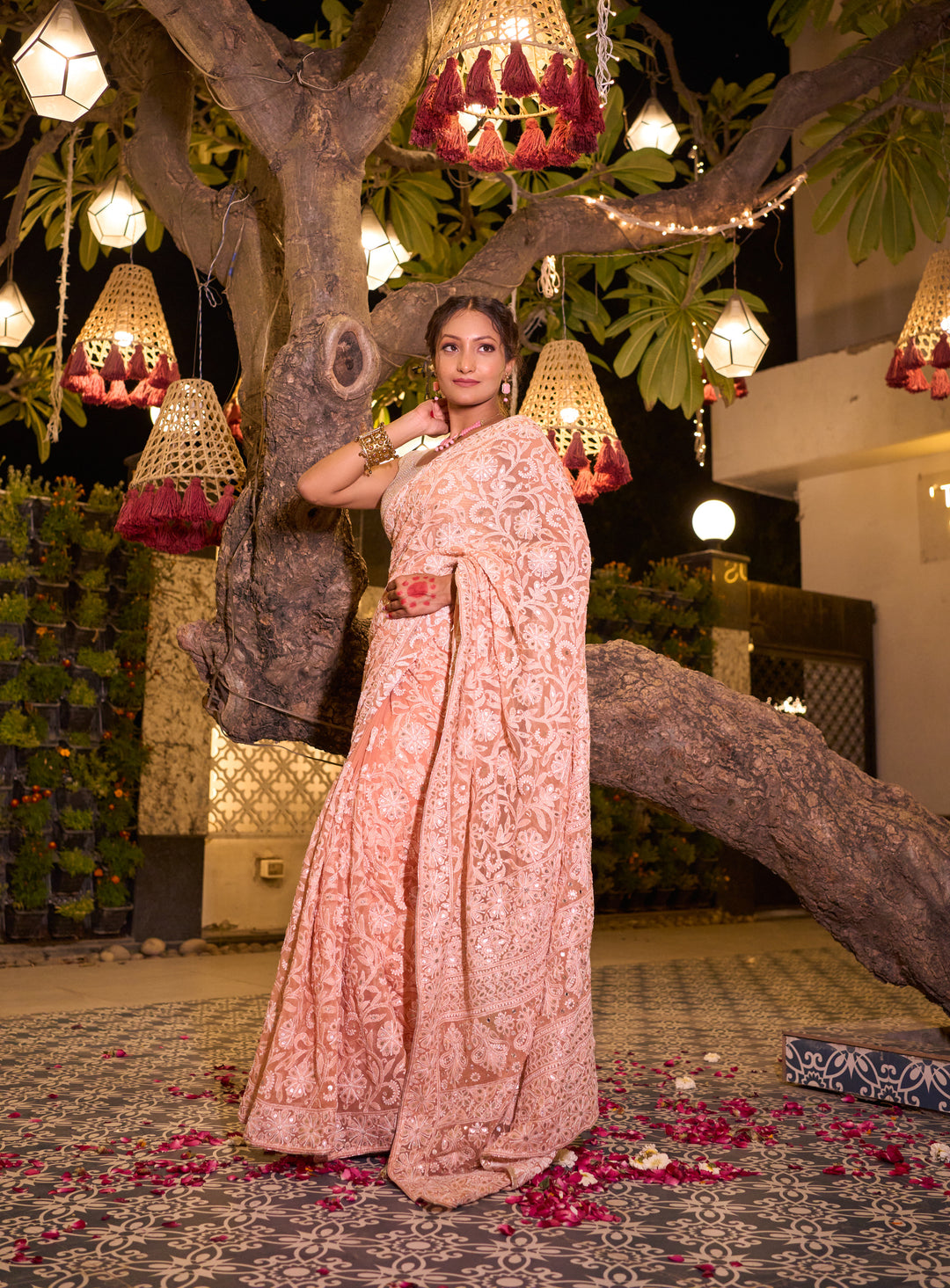 Georgette Chikankari Saree - Peach