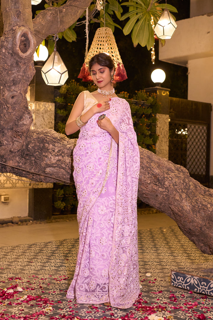 Georgette Chikankari Saree - Lavender