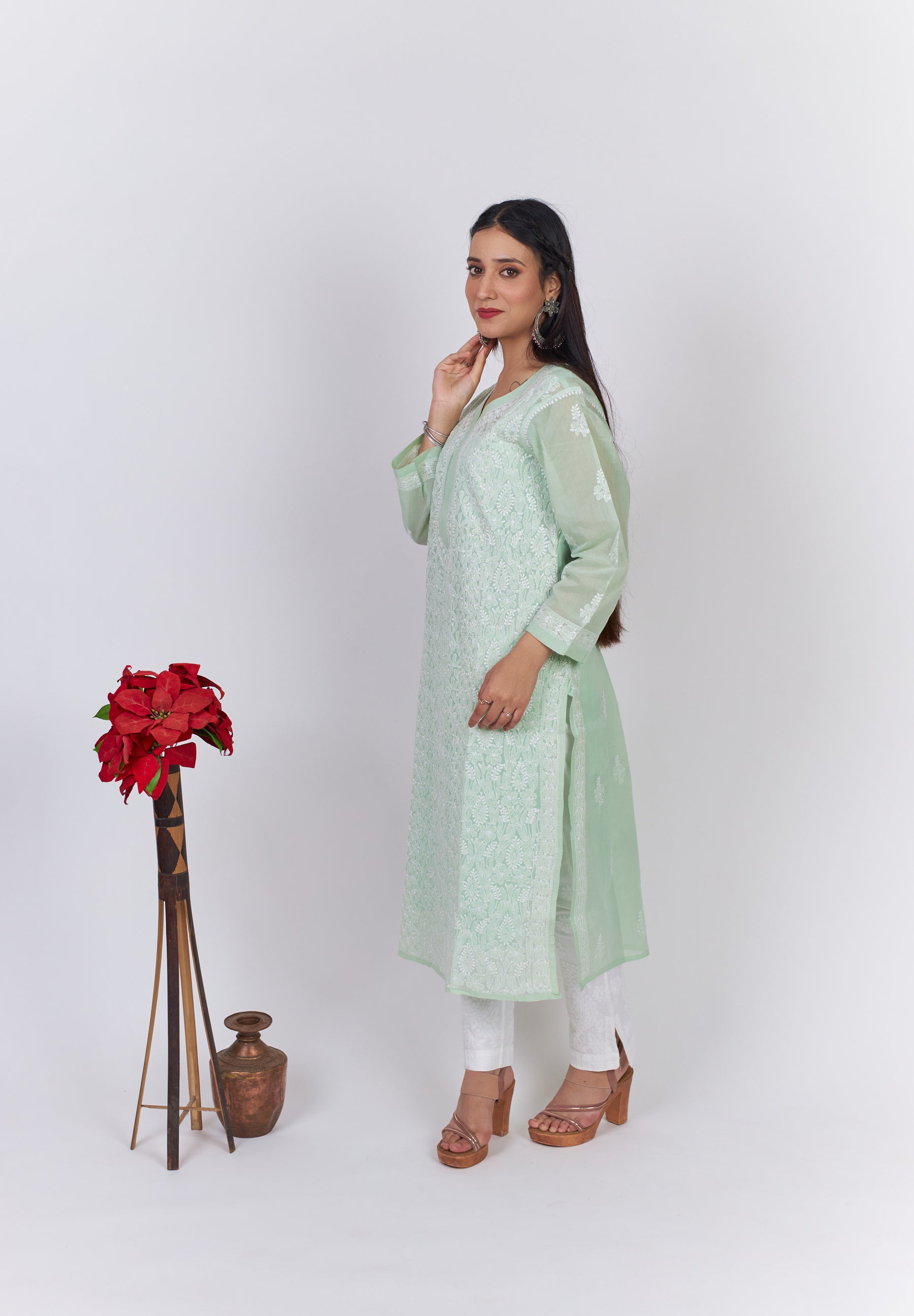 Cotton Voill Chikankari Kurti-Peach
