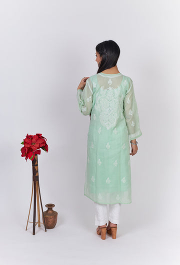 Cotton Voill Chikankari Kurti-Green
