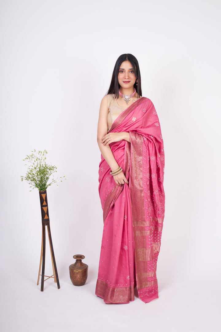 Chanderi silk Chikankari saree-Onion Pink