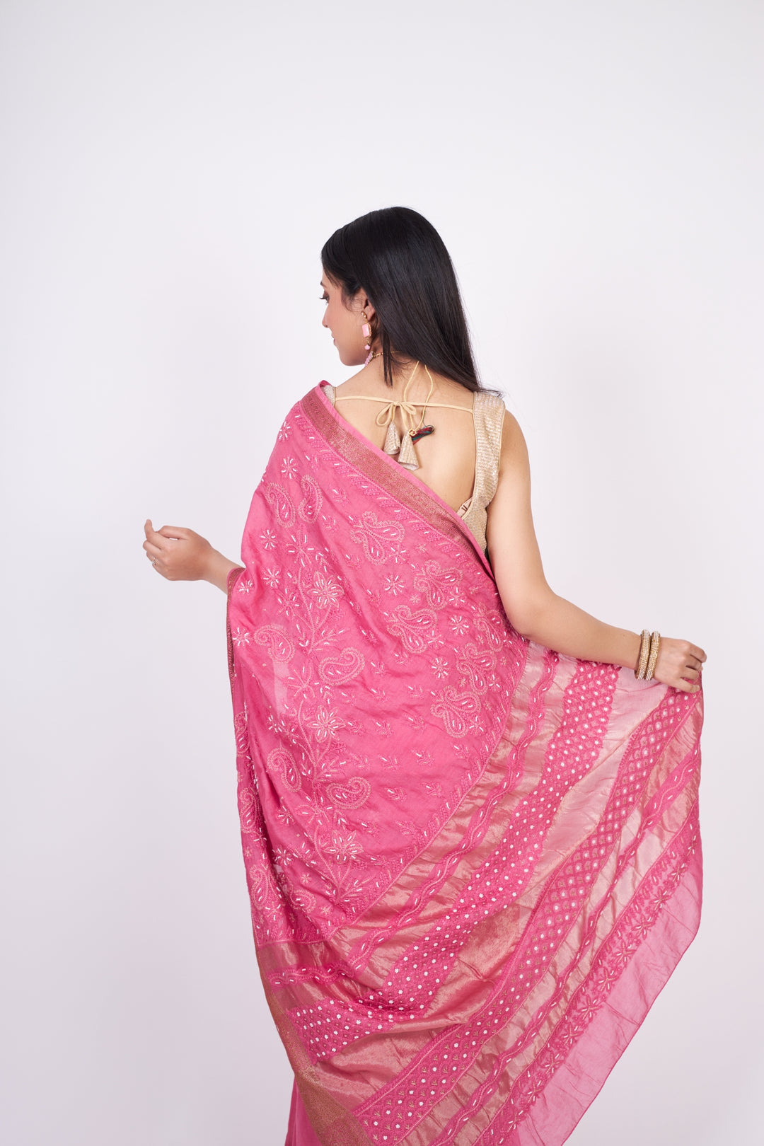 Chanderi silk Chikankari saree-Onion Pink