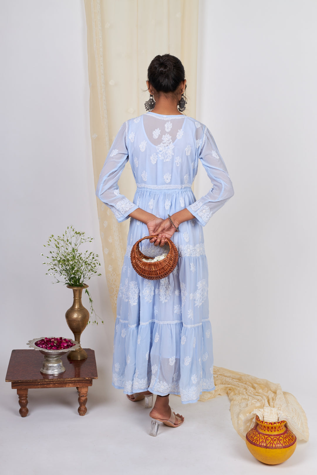 Georgette Chikankari Layered Gown- Blue