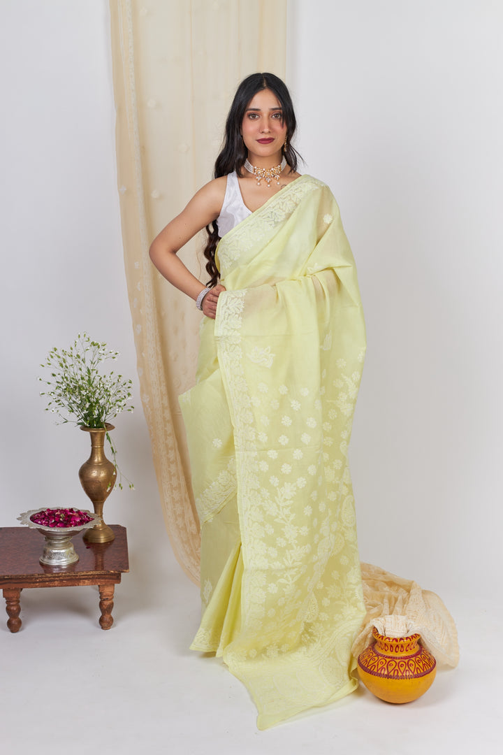 Cotton Voil Chikankari Saree - Lemon Yellow